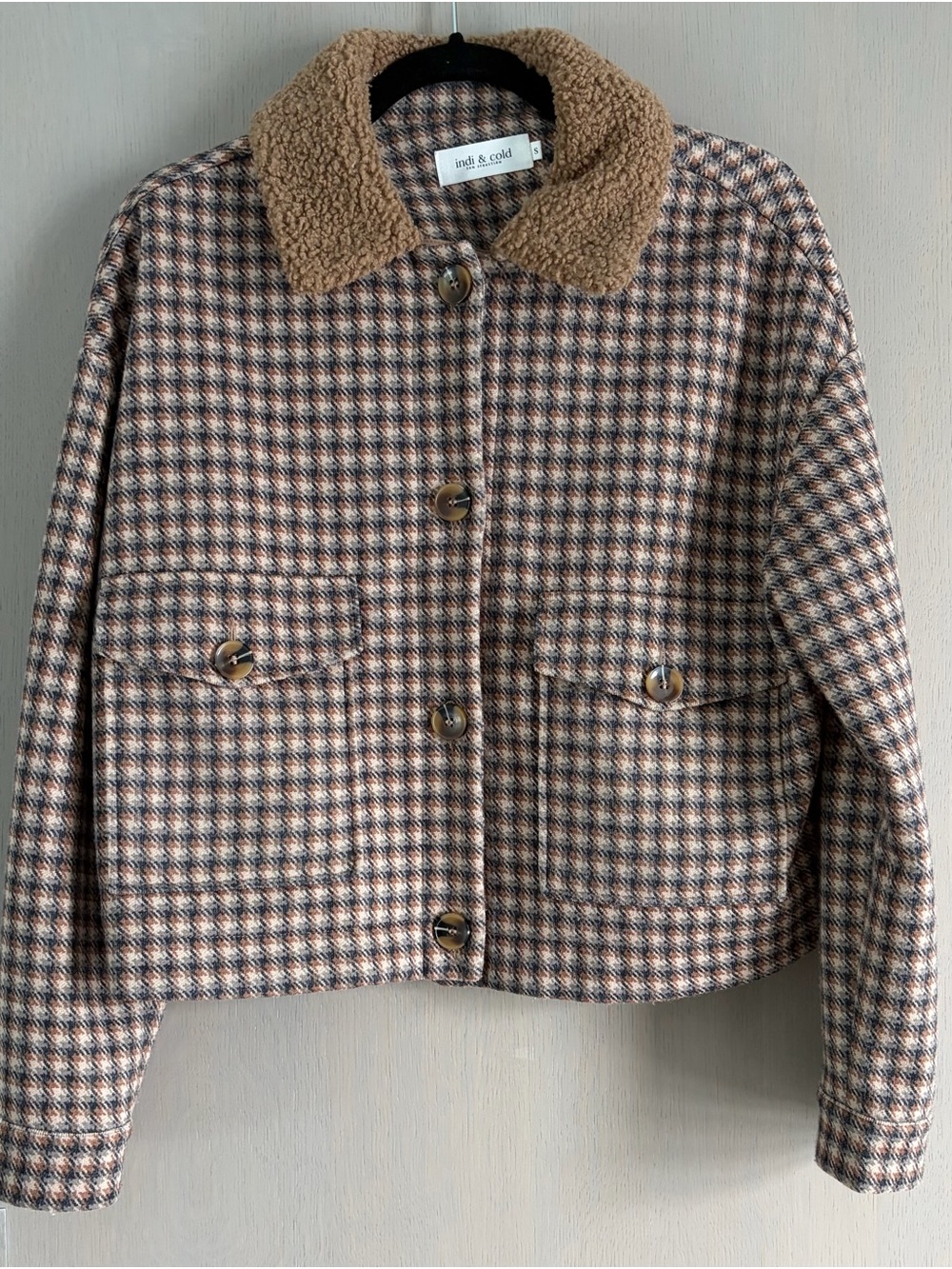 Andi & Cold womens Houndstooth Jacket with Sherpa Collar - Brown Beige Black